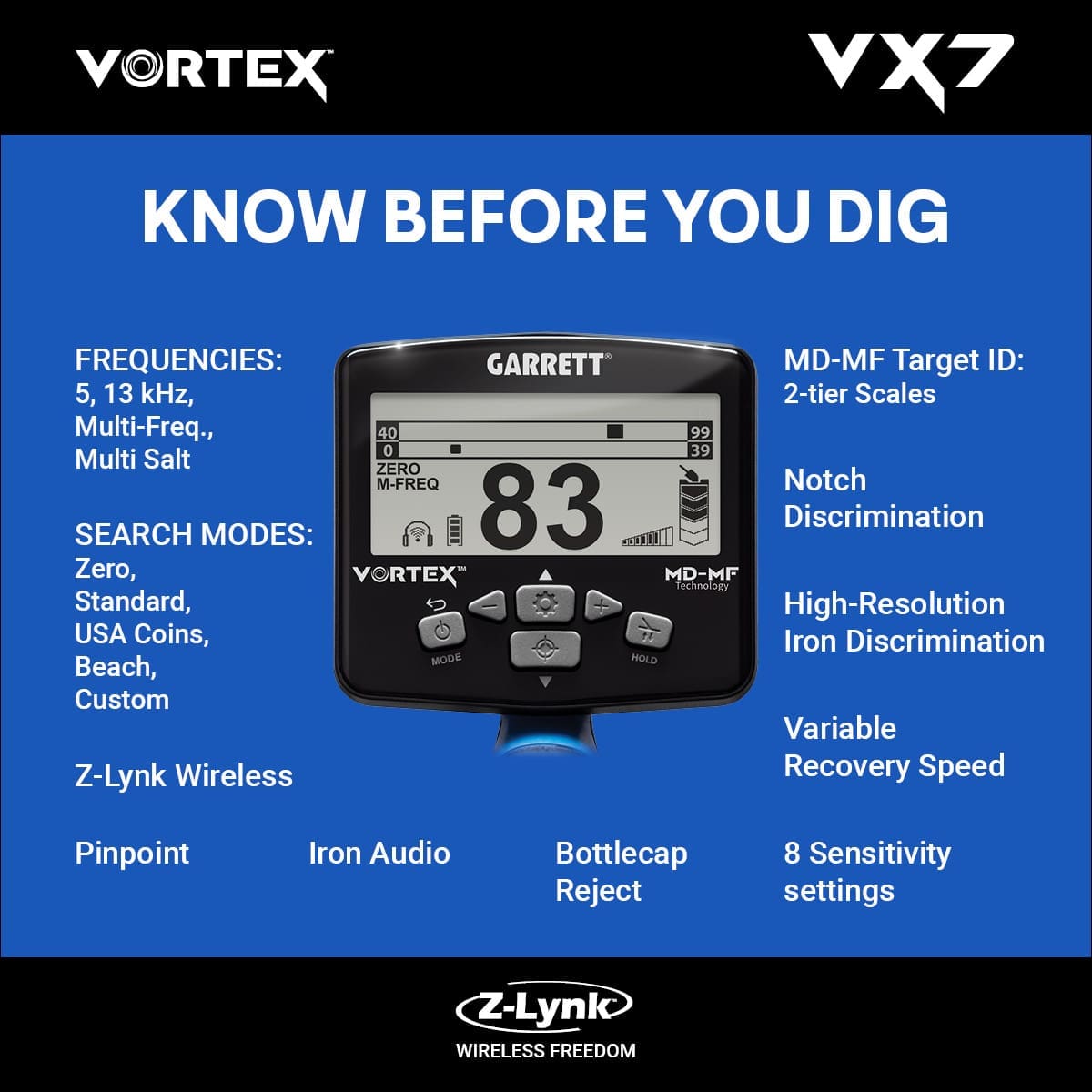 Kırşehir Garrett Vortex VX7 Dedektör - VX7 hedef ID ekranı, iki katmanlı MD-MF okuma ile demir ve iletken hedefleri ayırmaya yardım eder.